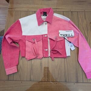 Women's Blocked Thrill Denim Cropped Jacket. Pink and white Size Medium